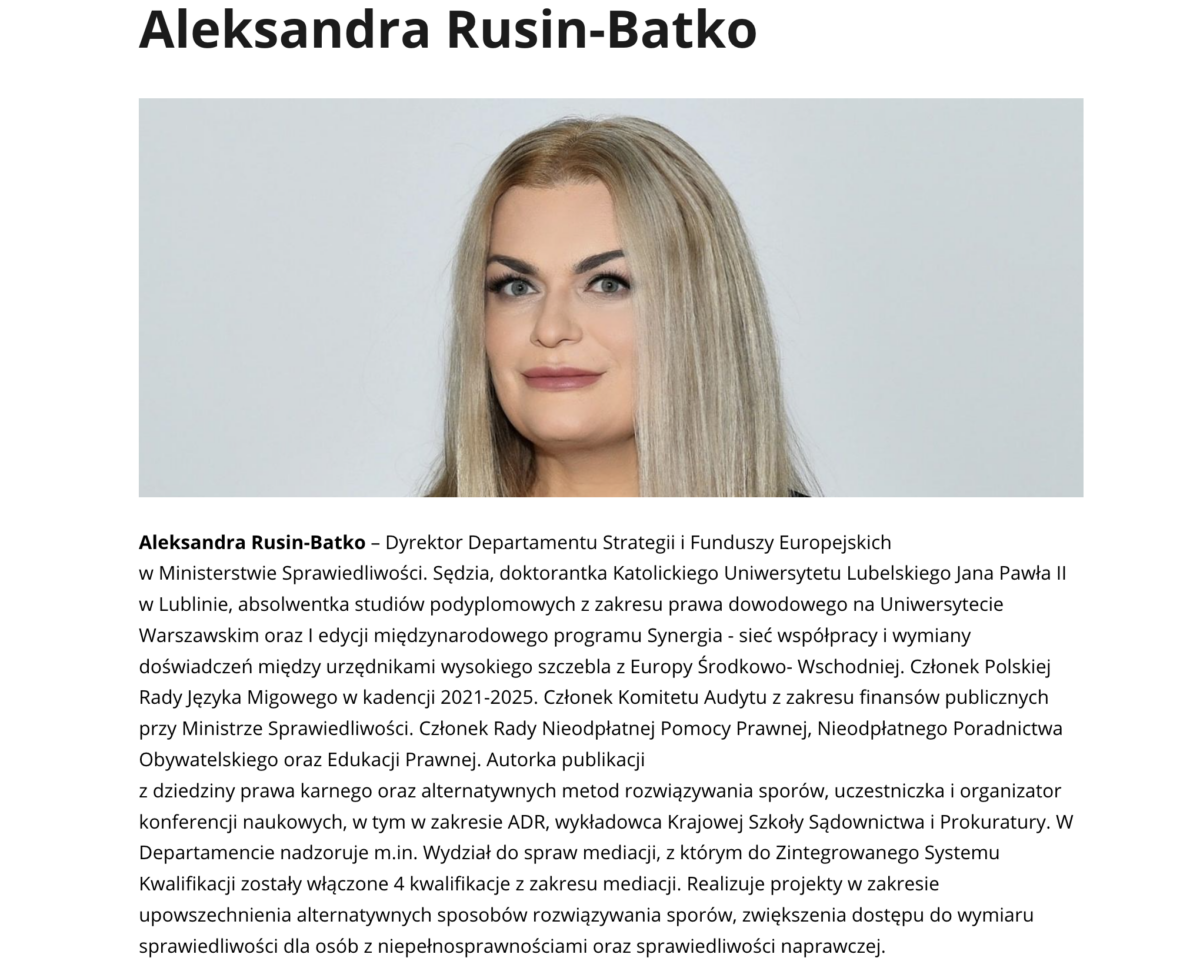 Notka biograficzna Aleksandry Rusin-Batko na stronie resortu sprawiedliwości