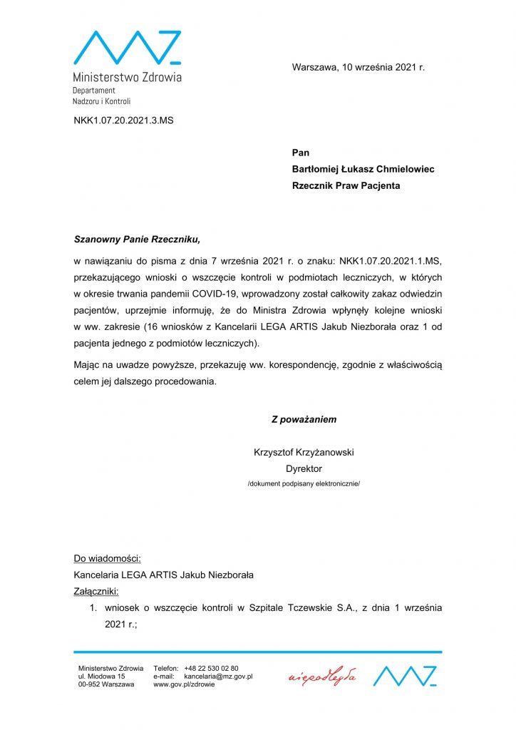 MINISTERSTWO ZDROWIA NA NASZ WNIOSEK ZLECA KOLEJNE KONTROLĘ W SZPITALACH 1 Pismo do RPP wnioski o wszczecie kontroli 1 1